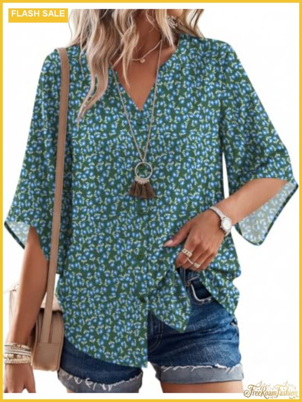 Boho Blouse 3/4 Sleeve V-Neck Button Down Shirt Loose Fit Rayon & Nylon